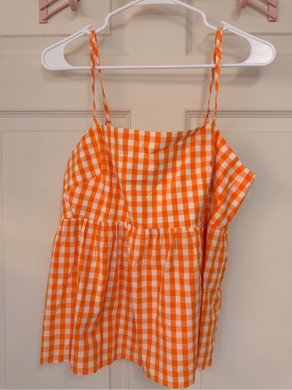 J. Crew Orange and White Gingham Spaghetti-Strap Top
